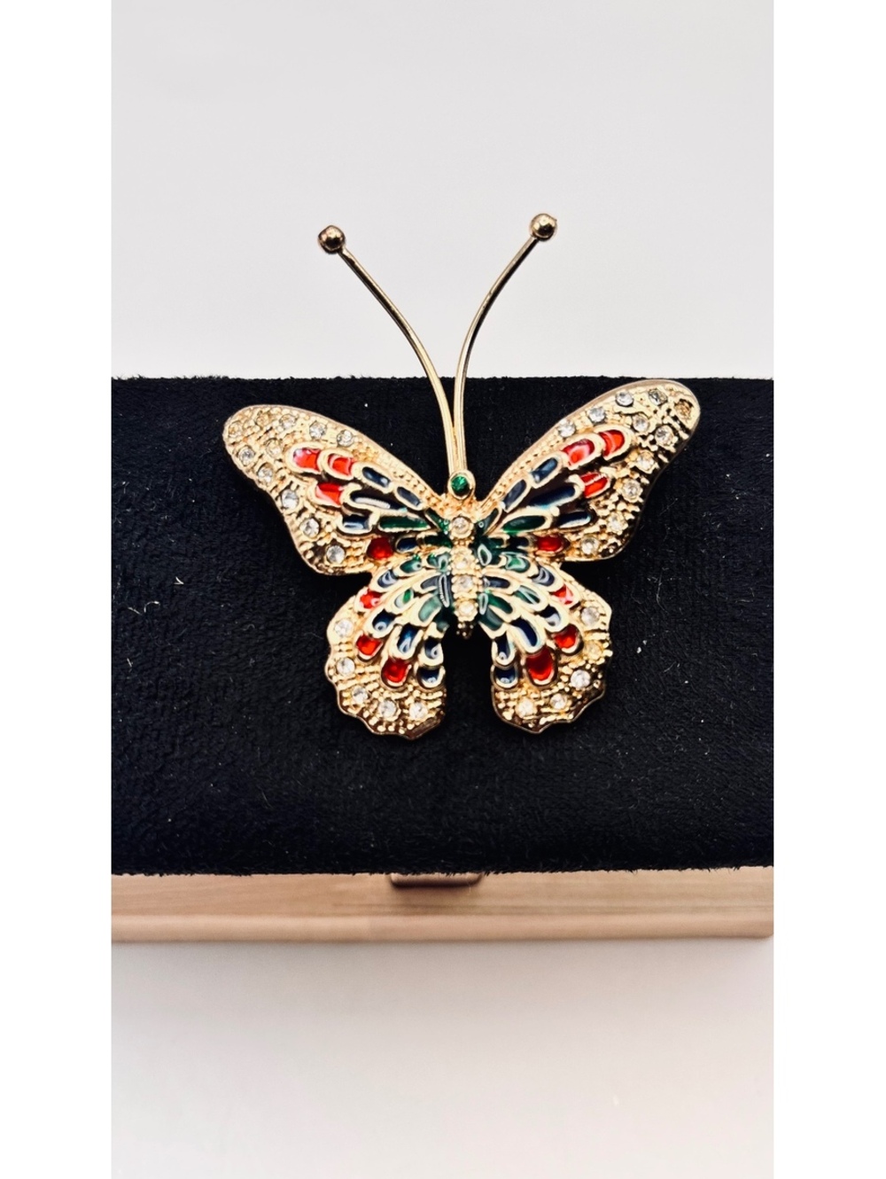 Gold Tone Butterfly Brooch Multicolor Enamel Rhinestone Statement Pin